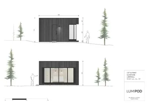 A rendered image of a modern tiny house with a black exterior and large windows, surrounded by fir trees.