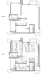 A comparative floor plan image depicting the changes in a residential building's interior layout.