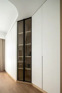 A minimalist white closet with a glass door displaying shelves.