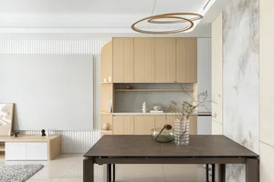 White walled and flooring interior with modern wooden furniture and decor, minimalist design, and a combination of wood and m