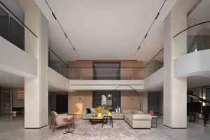 A modern living room with neutral-toned decor and minimalist design elements.