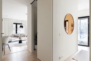 A minimalist apartment living room featuring white walls, furniture, and decor.