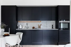 A modern kitchen featuring black wooden cabinets and a marble backsplash.
