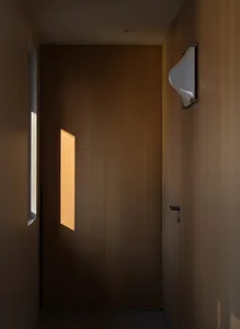 Minimalist door with wooden walls and lighting fixture