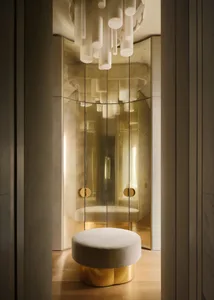 A modern interior with a glass cabinet, featuring sleek lines and minimalist design.