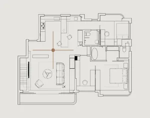 Floor plan of a modern living room with minimalist furniture, open design, and a central living space.