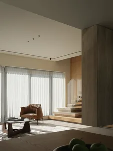 Modern living room featuring vertical blinds and wood-cement elements.