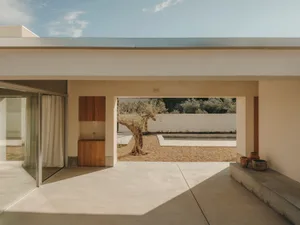 Minimalist architectural interiors featuring concrete materials with a view of an olive tree and pool area.