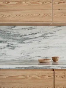 Modern kitchen with wooden cabinets and marble countertop