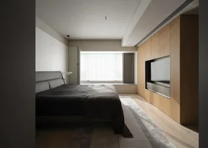 Modern minimalist bedroom with a bed, wooden furniture, and a window with blinds and curtains.
