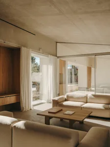 Modern minimalistic living room featuring light wood and concrete elements