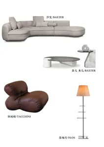 Modern leather sofa and marble coffee table in a contemporary living room setting.