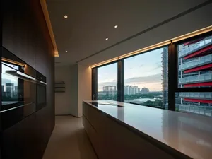 Contemporary minimalist kitchen with a white countertop and wood finishes