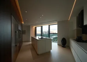 Modern, minimalist kitchen with white cabinets, island, and stainless steel appliances, featuring large windows overlooking a