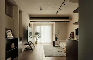 A minimalist residential space featuring wooden elements and a large window.