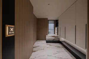 Modern entrance corridor with marble flooring and wooden walls.