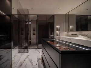 Modern minimalist bathroom suite featuring marble and glass elements