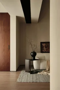 Modern living room with neutral color palette, featuring a sofa, rug, television, and bookshelf.