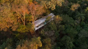 A modern, minimalist house with a metallic roof and structure, surrounded by lush greenery.