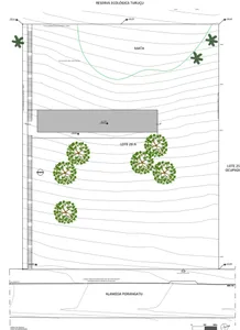 A detailed urban planning layout map of a public space, including labeled areas and plant symbols.