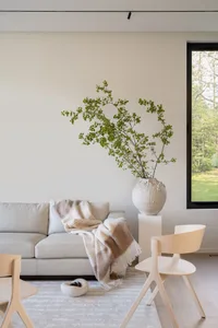 A minimalist living room with a beige sofa, a white vase with green branches, and light-colored wood chairs.