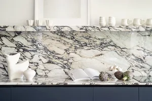 A modern minimalist kitchen features a luxury marble countertop.