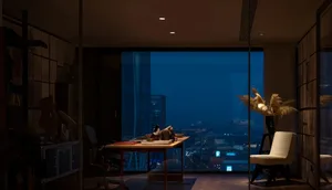 A modern office with glass walls and wooden desk