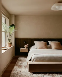Modern bedroom featuring minimalist design with neutral textiles, a large window, and a cozy bed setup.