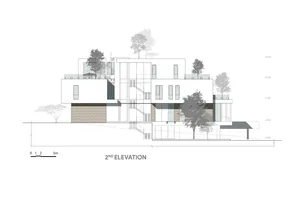 A modern residential house elevation drawing showing the second floor with concrete, glass, and steel elements.
