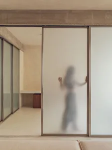 A minimalist bathroom with a frosted glass door and wooden floor.
