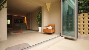 Modern room with glass walls and minimalistic decor
