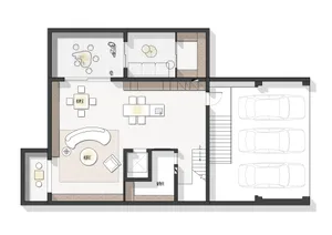 A modern residential floor plan showcasing furniture placement and layout.