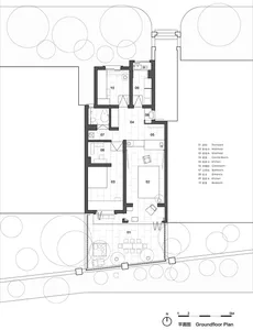 Modern residential floor plan with tiles and circular patterns