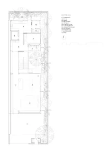 First floor plan of an architectural structure with labeled rooms such as Living Room, Dining Room, and Kitchen.