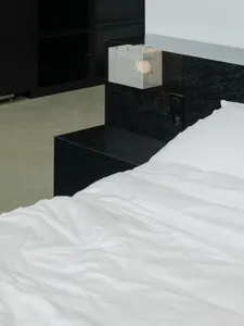 Modern minimalist bedroom featuring a textured black wooden platform bed with white bedding and a geometric lamp on the headb