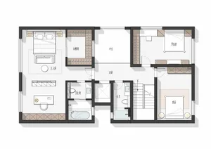 A floor plan of a modern residential house with three bedrooms, two bathrooms, an open kitchen, and a living room.