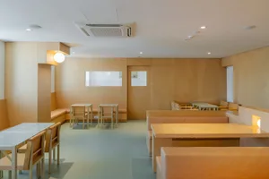 Modern wooden restaurant interior with minimalist design