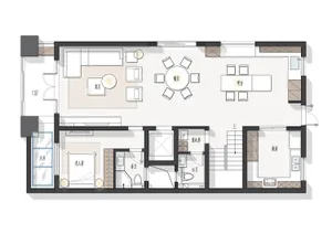 Floor plan of a contemporary living and dining room featuring white oak flooring and a modern design layout.