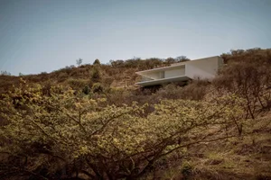 A modern concrete residential house nestled amongst dry shrubs and trees.