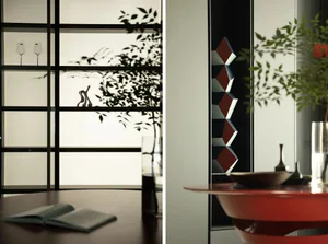 Modern dining room featuring wood furniture and a mirror.