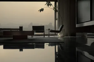 A modern living room featuring glass furniture and a glass floor.