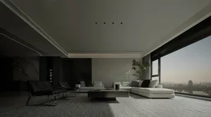 Modern living room with large glass windows and contemporary furniture.