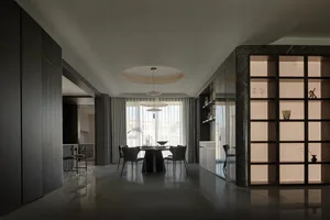 A modern dining room featuring a black dining table with chairs, large windows with curtains, and a round light fixture on th