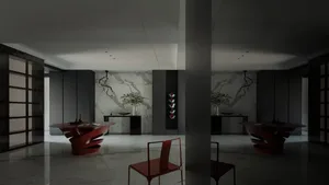 A modern interior living room with marble and concrete materials.