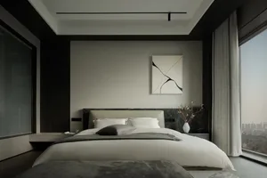 Modern minimalist bedroom featuring a bed with marble headboard, white bedding, and a minimalist artwork on the wall.