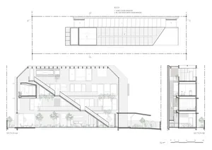 Schematic representation of a modern residential building with concrete floor plan and detailing.