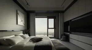 Modern minimalist bedroom with textured stone walls, wood furniture, and a leather bed.