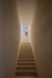 A man walking down a concrete staircase leading to a bright, open sky.