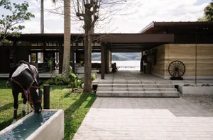 A modern house with a concrete exterior and wooden accents.