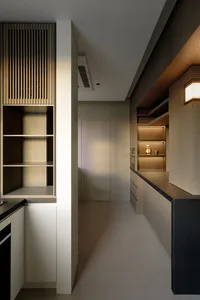 Modern minimalist kitchen with open concept design and wooden materials